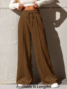 SHEIN Tall CURVE Plus Size Women Casual Drawstring Waist Loose Fit Straight Leg Pants - Brown - View 1