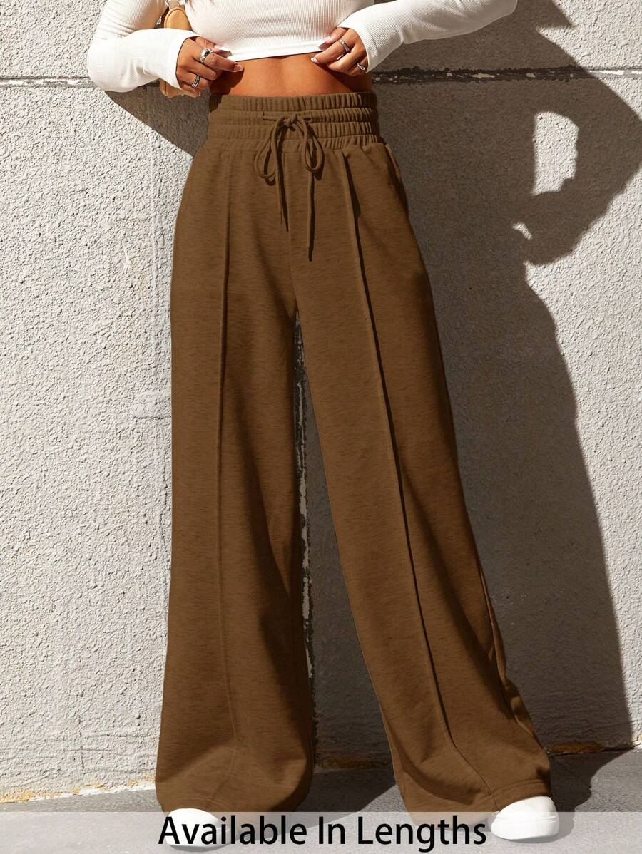 SHEIN Tall CURVE Plus Size Women Casual Drawstring Waist Loose Fit Straight Leg Pants - Brown - View 1