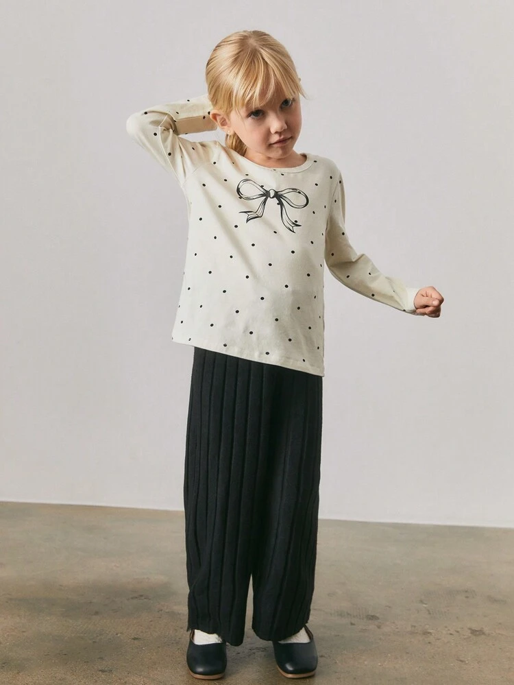 ラウンドネック ポルカドット リボンデザイン カジュアル Tシャツ 女の子用