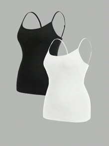 SHEIN Essnce 2 Packs Plus Size Women's Clothing Black And White Camisole,Elegant Sommar Smart Casual Everyday Versatile Basic Comfortable Long Curv Base Tops - Black and White - View 1