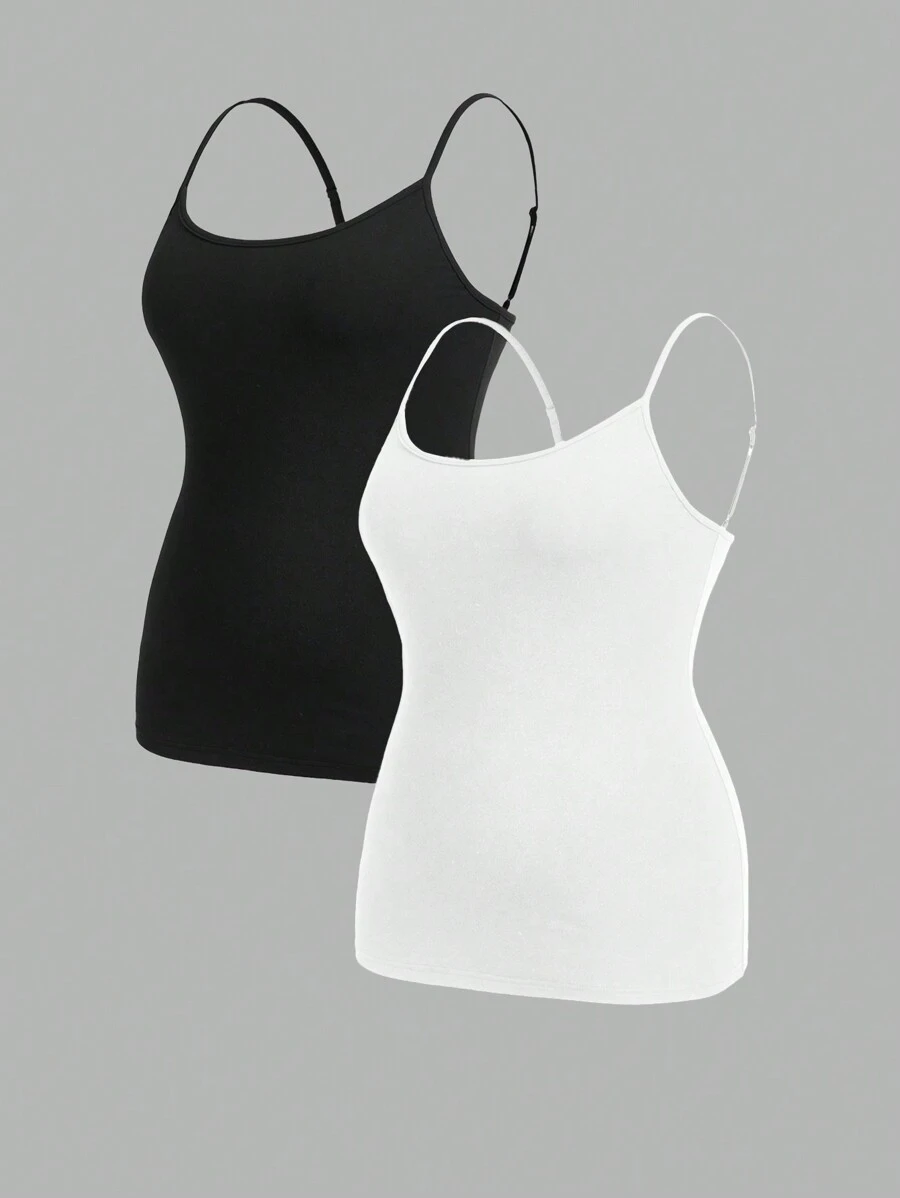SHEIN Essnce 2 Packs Plus Size Women's Clothing Black And White Camisole,Elegant Sommar Smart Casual Everyday Versatile Basic Comfortable Long Curv Base Tops - Black and White - View 1