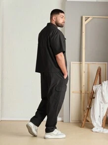 Manfinity VCAY Plus Size Men's Woven Short Sleeve Shirt And Long Pants Set - Black - View 2