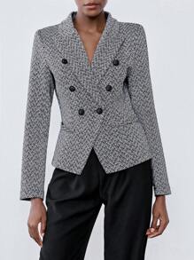 Chiquease Black And White Business Style Women's Blazer, Notched Collar Button Decor Women's Suit Jacket, Autumn/Winter Fall Cloth For Women - Black and White - View 1