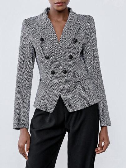 Chiquease 黑白商务风格女士西装外套，缺口领纽扣装饰女士西装外套，秋冬