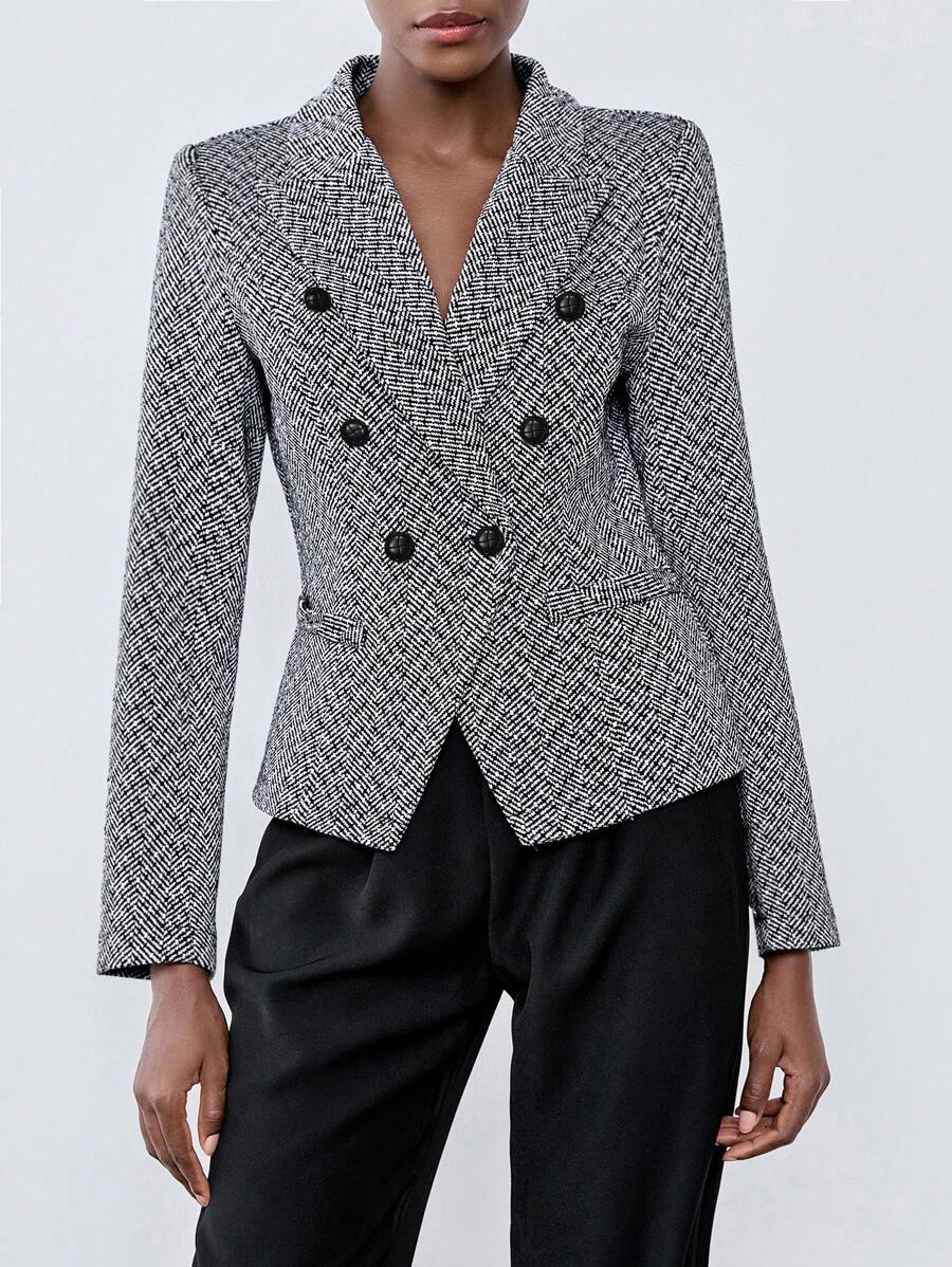 Chiquease Black And White Business Style Women's Blazer, Notched Collar Button Decor Women's Suit Jacket, Autumn/Winter Fall Cloth For Women - Black and White - View 1