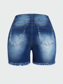 Casual Washed Distressed Frayed Hem Denim Shorts - Dark Wash - View 4