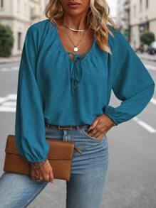 EMERY ROSE Plus Size Women's Solid Color Front-Tie Raglan Sleeve Casual Blouse Fall Cloth For Women - Blue - View 4