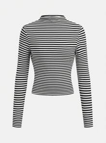 SHEIN Girlism 3pcs/Set Teen Girls Knitted Thermal Lined High Elastic Stand Collar Long Sleeve All-Match Tee Tops, Black & White, Autumn/Winter - Black - View 8