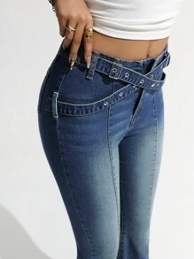 SHEIN ICON Women's Bell-Bottom Casual Denim Jeans With Corn Wen Design Button Skinny Flared Jeans