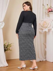 Modelyn Plus Size Mature Lady Style Patchwork Design Fitted Dress Maxi Women Outfit Long Evening Dresses - Black - View 2