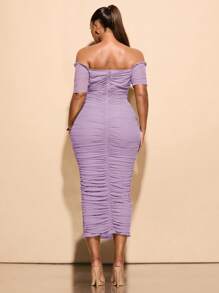 SHEIN BAE 大码女式夏季优雅弹力网眼单肩褶皱中长连衣裙，女士生日礼服