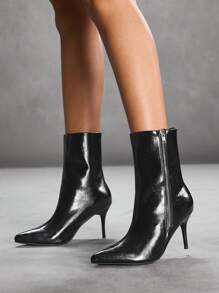 CUCCOO SZL Pointed-Toe Slim High Heel Zipper Closure Mid-Calf Boots For Women Valentine's Day - Black - View 4