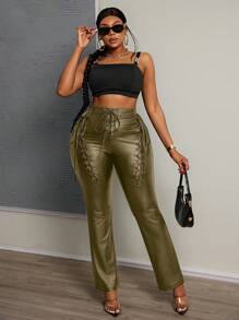 Slaydiva Plus Size Women's Front Tie Collar Minimalist Slim-Fit Casual PU Leather Pants - Army Green - View 5