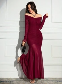 Modelyn Women's Elegant Solid Color Pleated Off Shoulder Long Sleeve Fishtail Hem Long Dress - Burgundy - View 4