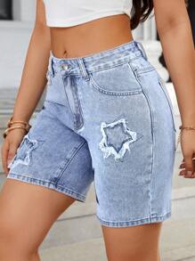 SHEIN Essnce Embroidered Star Women's Washed Denim Shorts