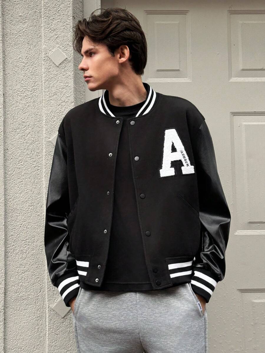 Manfinity VCAY Men Casual Loose Print Long Sleeve Zip-Up Baseball Jacket Sports Coat, Everyday Wear, Young Adult, Grunge, Fall - Black - View 1