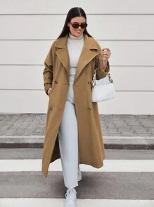 RueChic Double Breasted Button Detailed Drop Shoulder Long Overcoat - Rust Brown - View 1