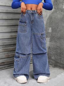 SHEIN Jeans anchos de carga de mezclilla azul desgastada con pliegues, estilo holgado y versátil para niñas preadolescentes, ideal para uso diario en otoño/invierno - Azul lavado medio - Ver 6