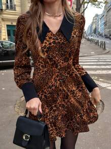 Pariaura Romantic Retro Premium Fashion Sexy Leopard Patchwork Lapel Long Sleeve Casual Flared Mini Dress For Women