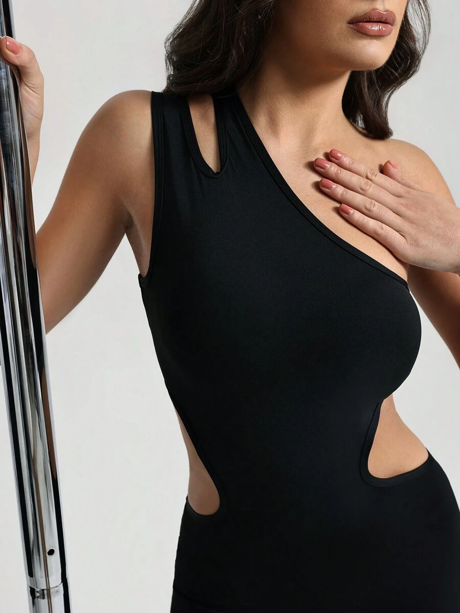 Menodora SHEIN Sport Mono sin mangas ajustado de color negro con hombros oblicuos y ajuste informal para pole dance y entrenamiento diario