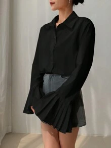 EastFlair Korean Fashion Elegant White Ruffled Sleeve Women Blouse - Black - View 3