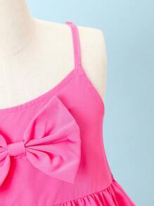 2Pcs/Set Pink Spaghetti Strap Bow Vacation Casual Outfit For Tween Girls - Hot Pink - View 3