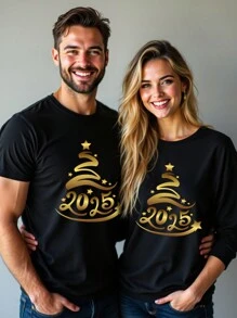 Manfinity Homme 1pc Men's Standard Size Black Round Neck T-Shirt ( Fabric), New Year T-Shirt Suitable For Family Parties