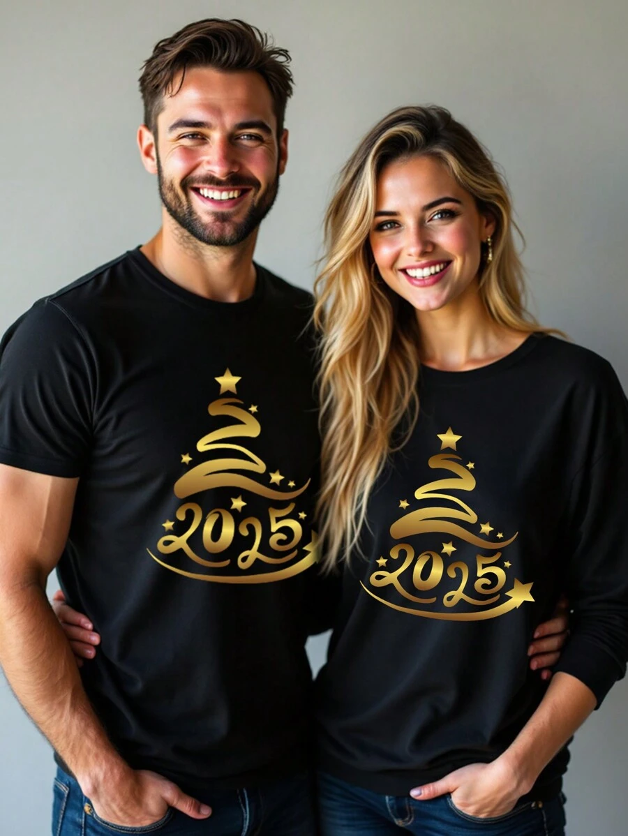 Manfinity Homme 1pc Men's Standard Size Black Round Neck T-Shirt ( Fabric), New Year T-Shirt Suitable For Family Parties