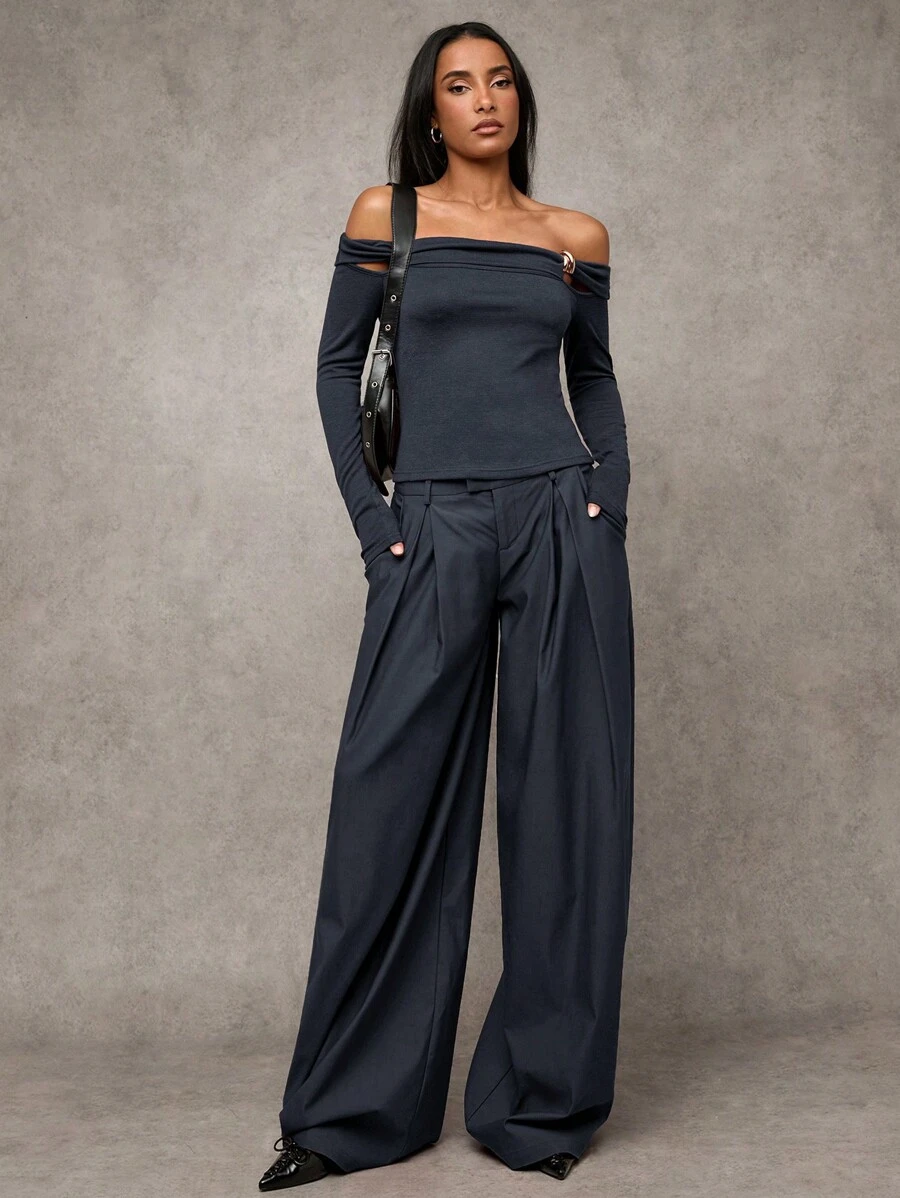 SHEIN BAE 女士休闲纯色斜插口袋褶皱宽松阔腿裤 复古冬季圣诞节女士感恩节女士新年女士冬季女士圣诞裤