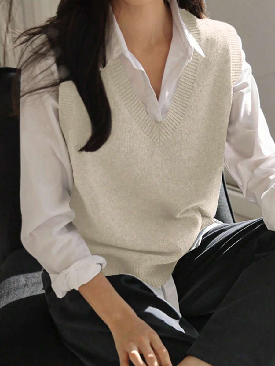 DAZY 1 Pieza Chaleco Del Suéter De La Mujer Con Cuello En V Y Color Sólido - Blanco - Ver 1