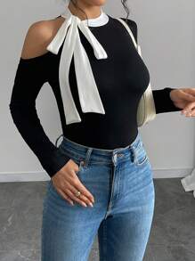 Chiquease Women Autumn/Winter Color Block Lace-Up Long Sleeve Base Layer T-Shirt Fall Cloth For Women - Black - View 6