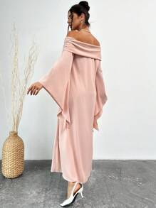 SHEIN Privé New Year Women's Elegant Minimalist Romantic Glamour Ballroom Party Date Asymmetric Drapey Rhinestone Embellished Extra Long Slit Sleeve Loose Blush Pink Off The Shoulder Dress - Dusty Pink - View 7