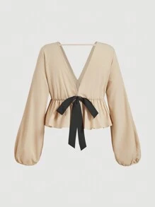 SHEIN MOD V-Neck Long Sleeve Bowknot Back Plus Size Short Women Blouse, Black & Khaki,Puffed Long Sleeves, Short Dress Length,Valentines