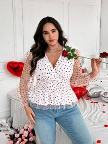 Flirla 大码女式优雅简约心形图案网眼腰长袖衬衫，适合情人节、休闲日常穿着、送礼 - 白色 - 查看 4