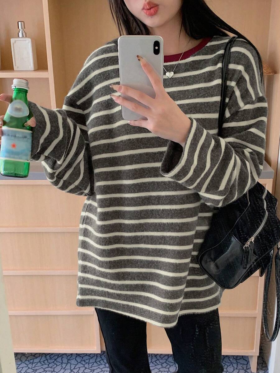 DAZY Women Striped Round Neck Loose Casual Long Sleeve T-Shirt, Autumn - Multicolor - View 1