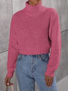Flirla Suéter minimalista de cuello alto y manga larga de unicolor para mujer, para uso casual diario