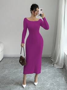 Elenzga Women's Solid Color Minimalist Casual Off Shoulder Bowknot Back Sweater Dress - Red Violet - View 6