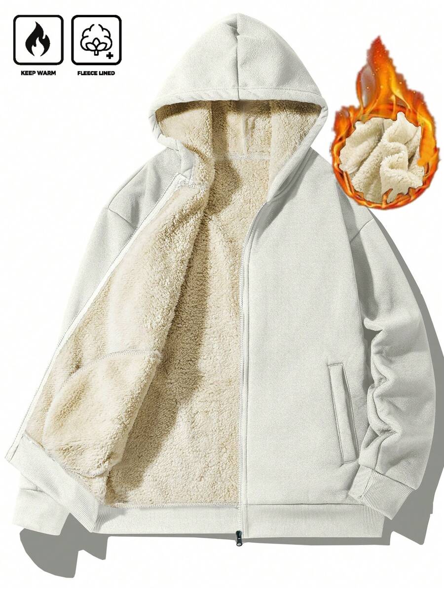 Manfinity Homme 男士纯色长袖拉链领休闲羊毛连帽衫，秋冬