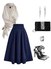 Ellevyn Button Detail Fold Pleated Detail Flare Skirt - Navy Blue - View 2