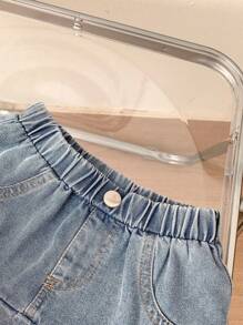 SHEIN 2 件套女童牛仔蓝色优雅学院风假日可爱粉色针织拼接撞色心形印花短袖上衣和灰蓝色牛仔休闲喇叭裙套装，春夏 - 黑色 - 查看 6