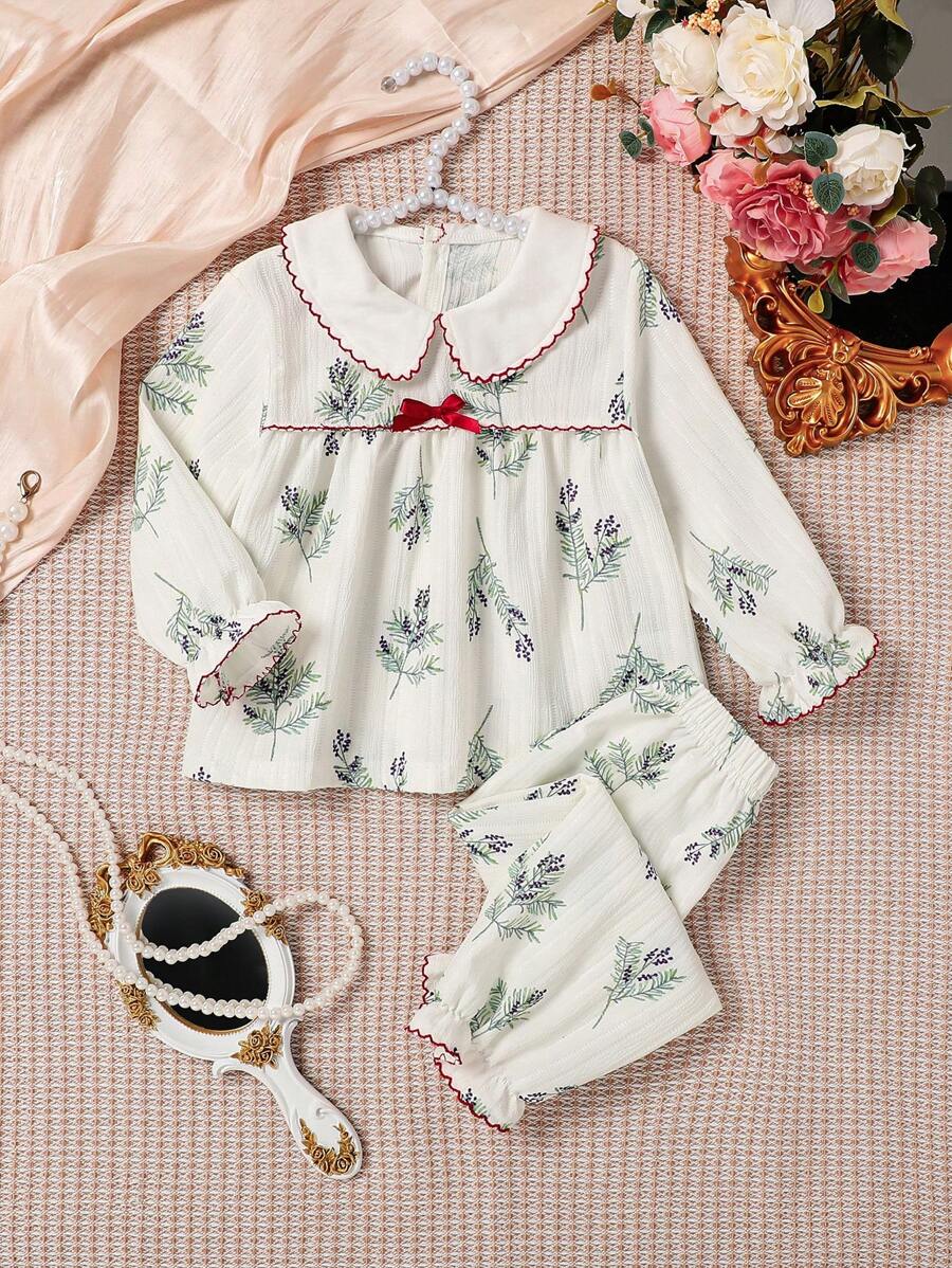 2pcs/Set Baby Girls Apricot Background Tree Leaf Allover Print Casual Loose Fit Long Sleeve Pants And Shirt Loungewear Set - Apricot - View 1