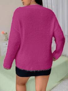 Flirla Plus Size Solid V-Neck Long Sleeve Casual Faux Fur Sweater Pullover - Hot Pink - View 2