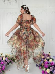 Flirla Plus Size Women's Boho Asymmetrical Pearl Chiffon Short Sleeve Dress, For Summer - Multicolor - View 3