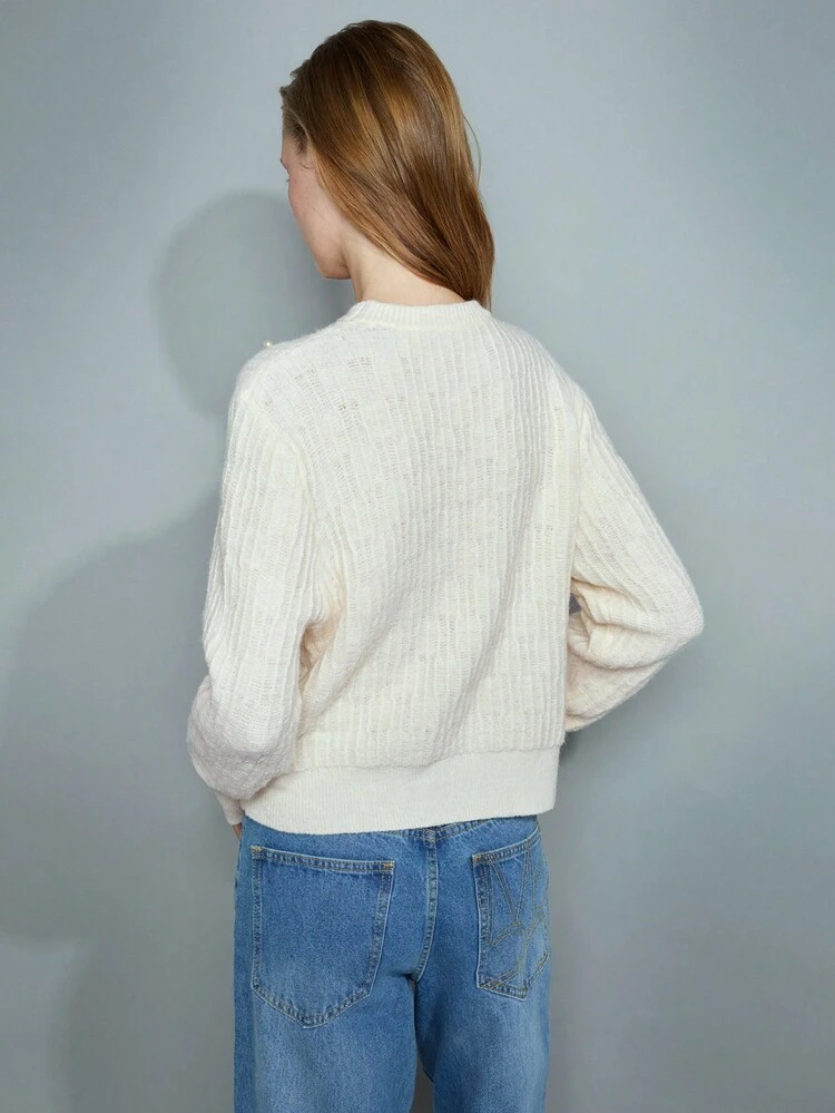 SHEIN Maija Women's Ivory Sparkly Beaded Detail Knitted Sweater, Relaxed Fit Oversized Long Sleeve Pullover, Elegant For New Year Party, Modern & Versatile Valentine's Day Festival