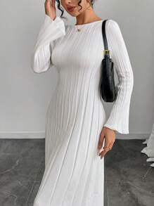 INAWLY Damen langärmeliges figurbetontes langes Kleid Einfarbig, Lässig für den täglichen Gebrauch - Weiss - Übersicht 1