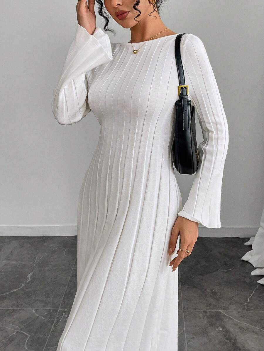 INAWLY Damen langärmeliges figurbetontes langes Kleid Einfarbig, Lässig für den täglichen Gebrauch - Weiss - Übersicht 1