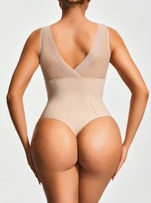 SHAPORA 1 件女士纯色无袖简约修身休闲连体衣塑身衣 - 杏色 - 查看 4