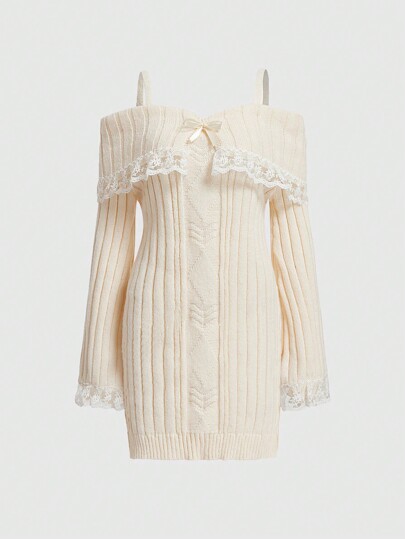 Kawaii Robe pull mignonne et douce en tricot avec patchwork de dentelle pour femme