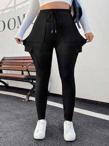 SHEIN EZwear Plus Size Women Waistband Pocket Skinny Black Leggings, Casual