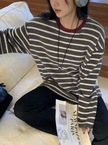 DAZY Women Striped Round Neck Loose Casual Long Sleeve T-Shirt, Autumn - Multicolor - View 4